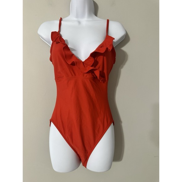 Vintage 80s 90s Oscar de la Renta Red Ruffle One-Piece Swimsuit Size 12